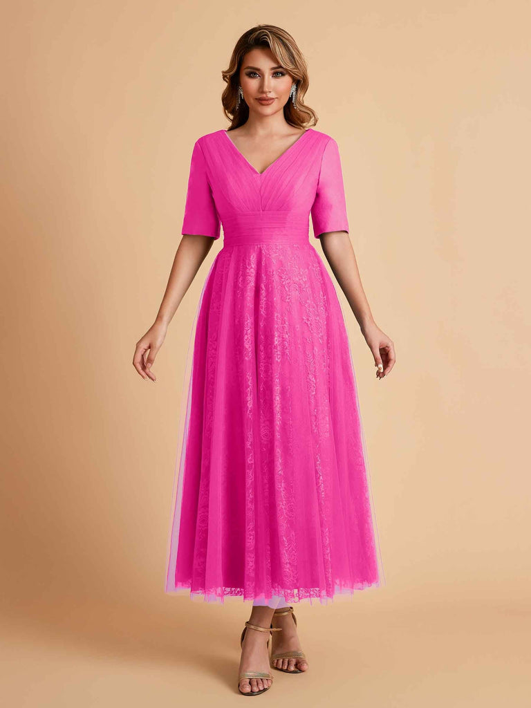 Elegant A-line Short Sleeves Tulle Lace V-neck Maxi Mother of the Brides Dresses Online UK