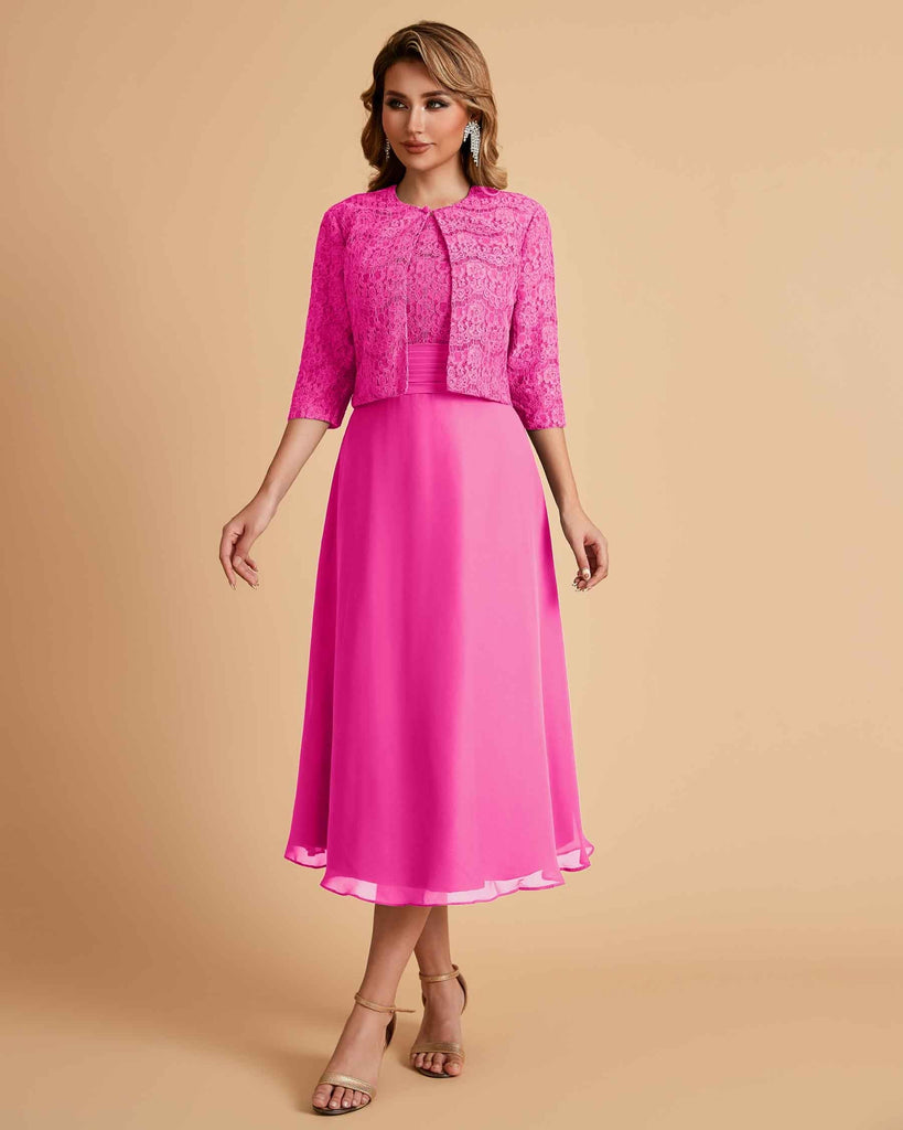 Elegant A-line Bateau Sleeveless Tea Length Short Mother of the Brides Dresses and Jacket