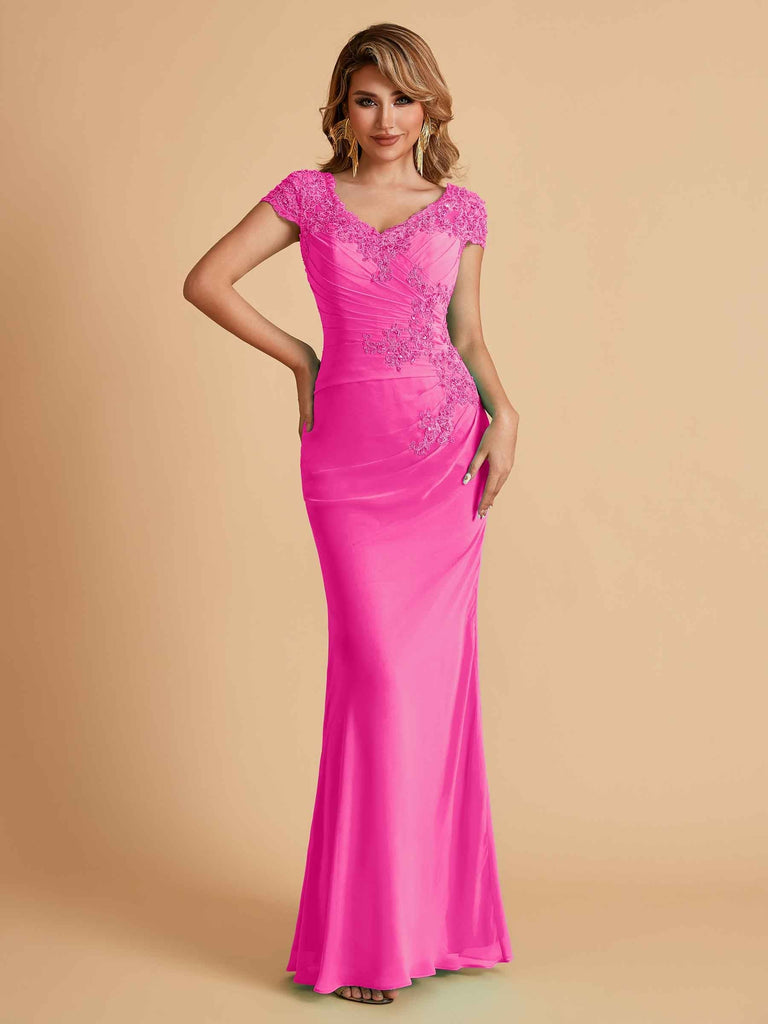 Elegant Mermaid Chiffon Cap Sleeves V-Neck Lace Mother of the Brides Dresses Online UK