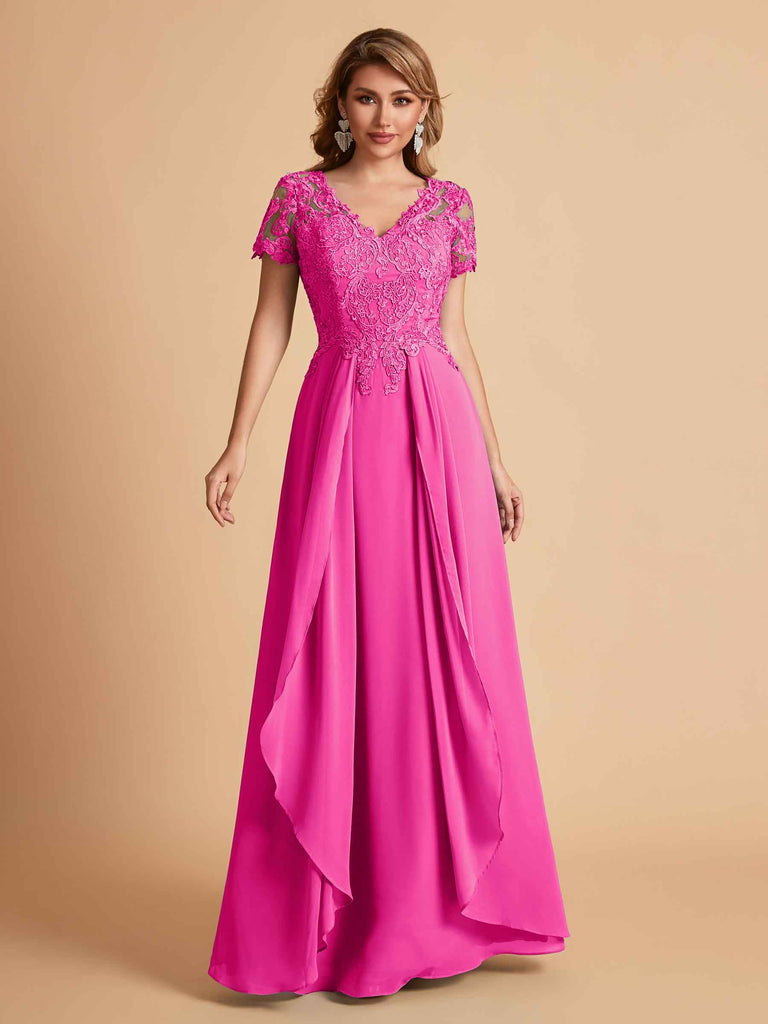 Chiffon Short Sleeves V-neck Lace Mother of the Brides Dresses UK