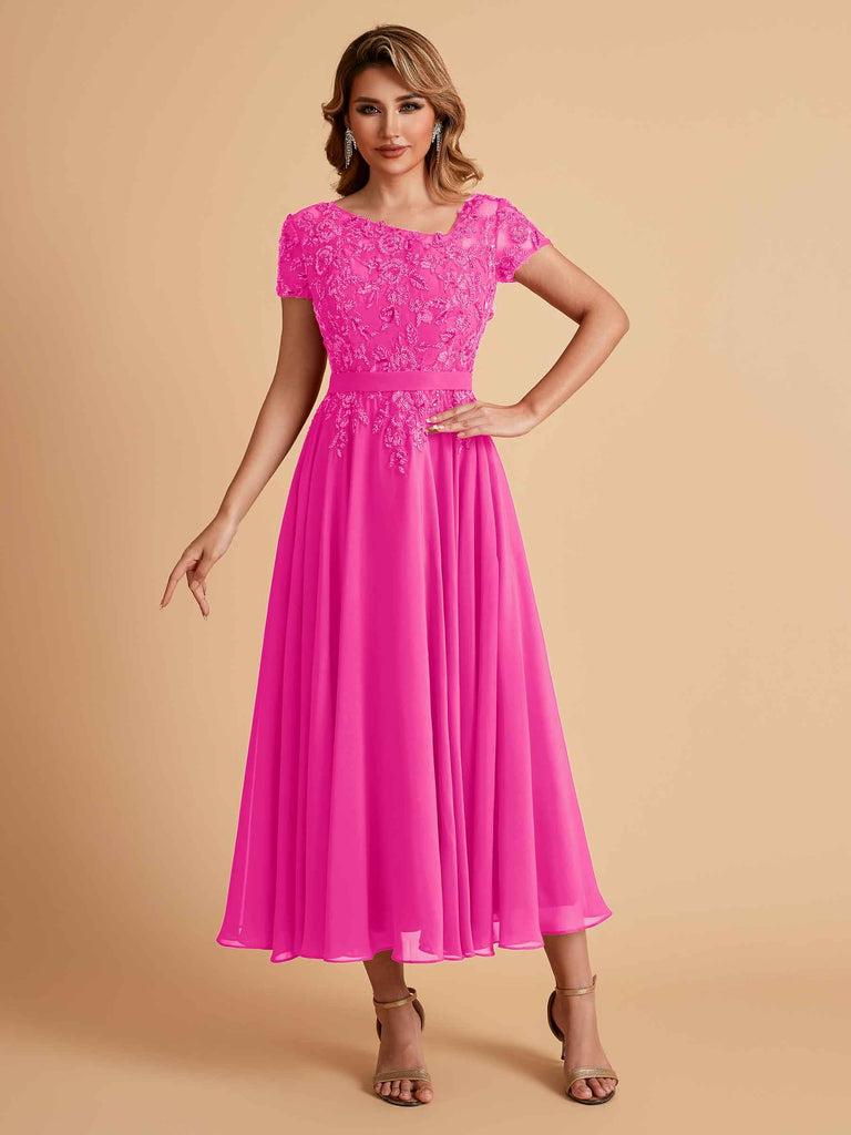 Elegant Chiffon Short Sleeves Short Midi Mother of the Brides Dresses UK Online