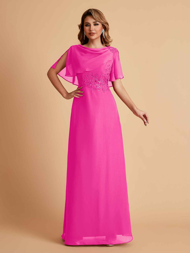 Elegant A-Line Chiffon Half Sleeves Cowl Neck Mother of the Brides Dresses Online UK