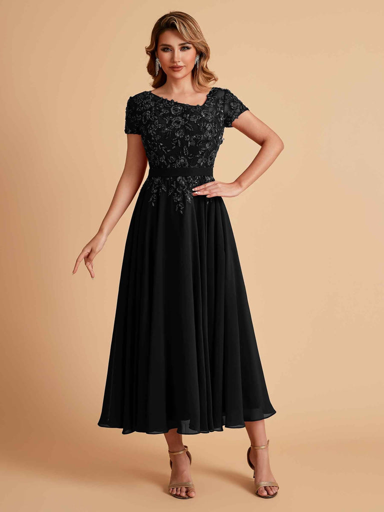 Elegant Chiffon Short Sleeves Short Midi Mother of the Brides Dresses UK Online