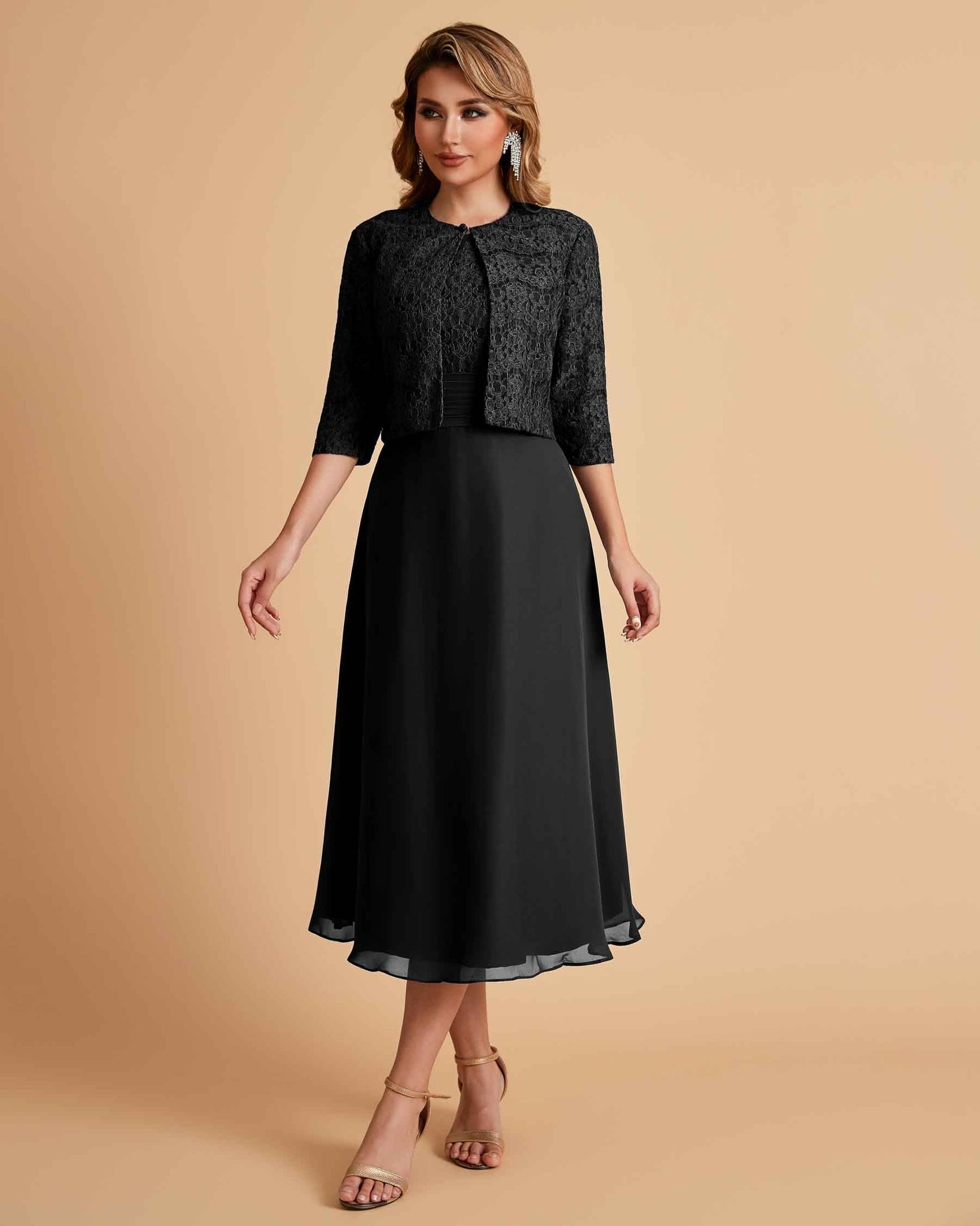 Elegant A-line Bateau Sleeveless Tea Length Short Mother of the Brides Dresses and Jacket