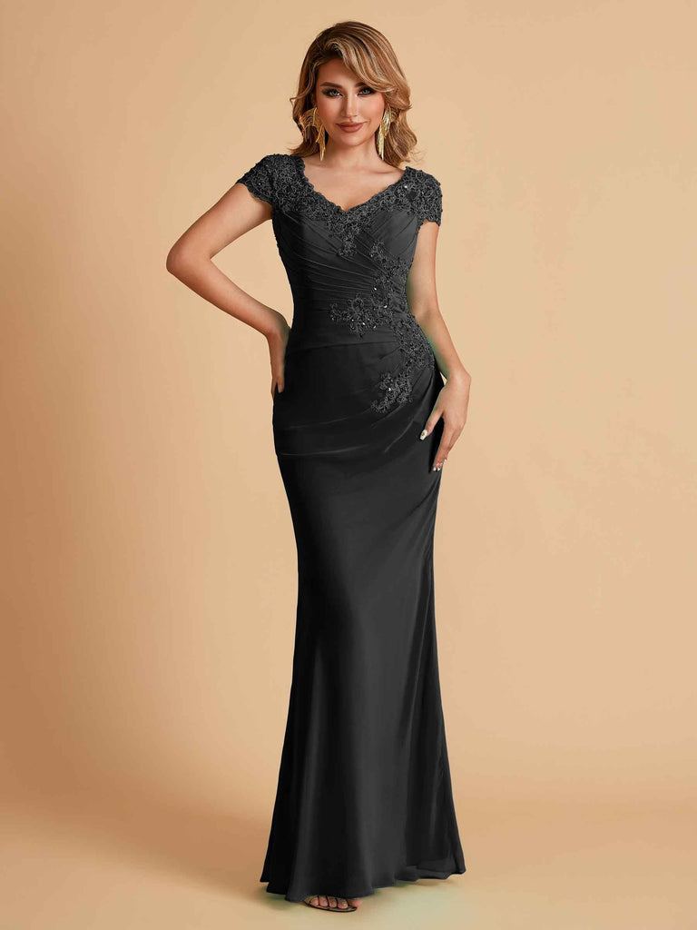 Elegant Mermaid Chiffon Cap Sleeves V-Neck Lace Mother of the Brides Dresses Online UK