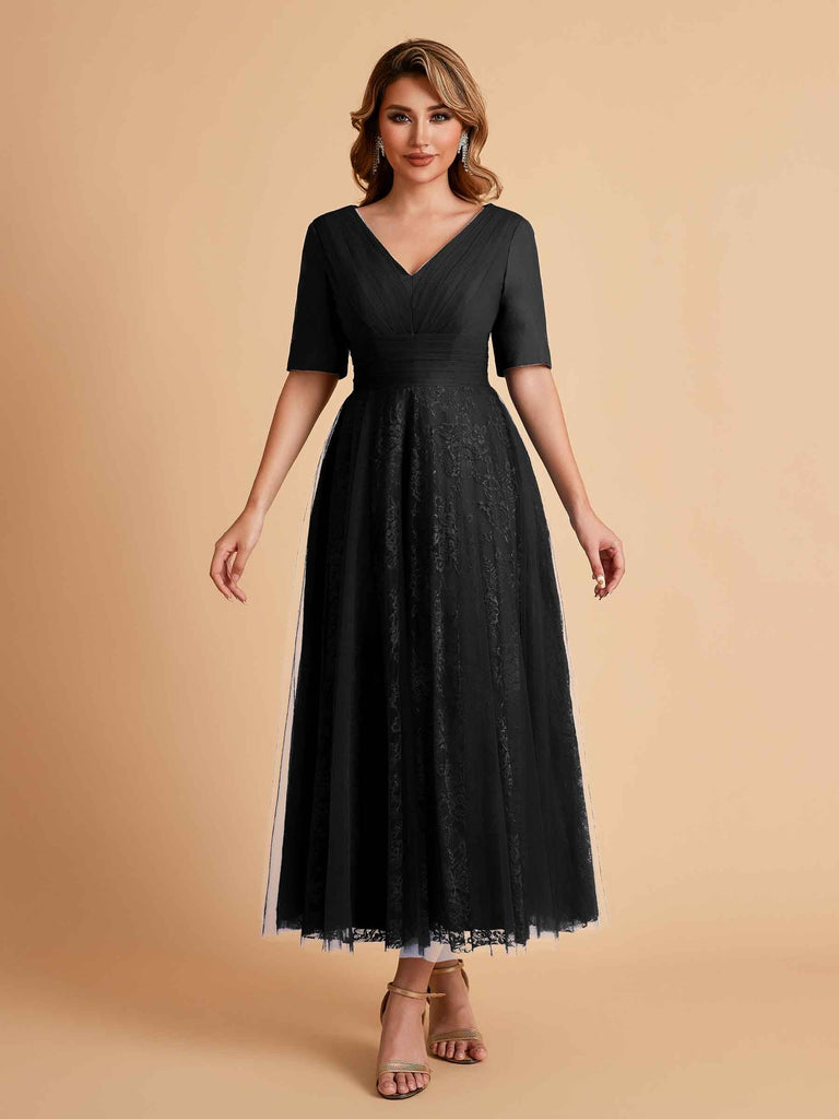 Elegant A-line Short Sleeves Tulle Lace V-neck Maxi Mother of the Brides Dresses Online UK