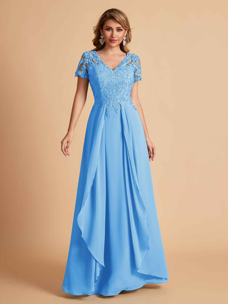 Chiffon Short Sleeves V-neck Lace Mother of the Brides Dresses UK