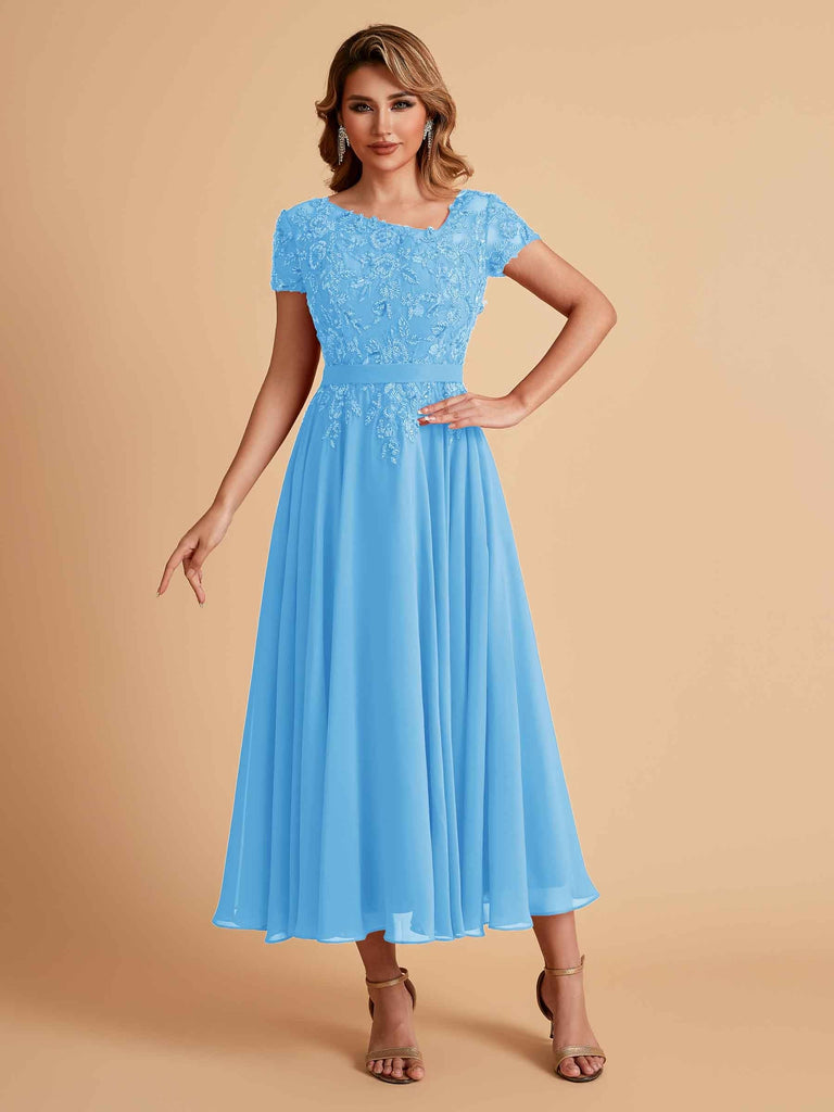 Elegant Chiffon Short Sleeves Short Midi Mother of the Brides Dresses UK Online