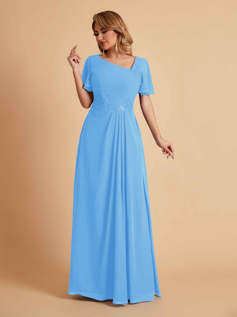 Elegant A-Line Chiffon Short Sleeves V-Neck Mother of the Brides Dresses Online
