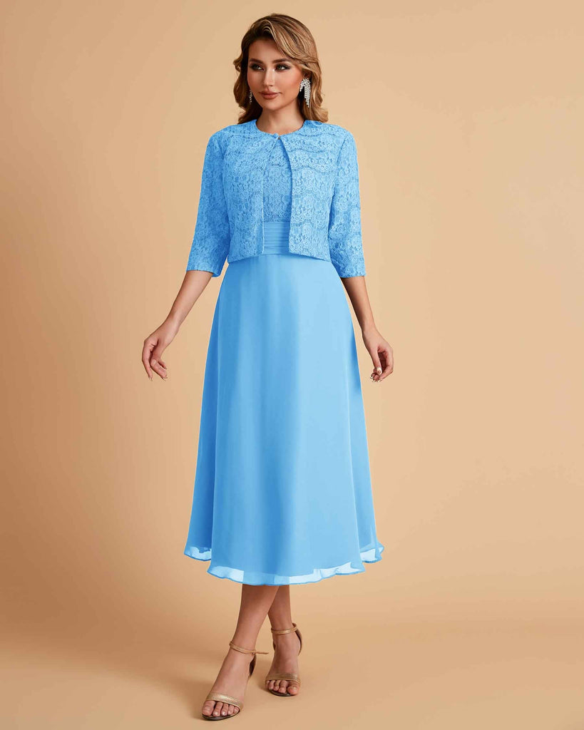 Elegant A-line Bateau Sleeveless Tea Length Short Mother of the Brides Dresses and Jacket
