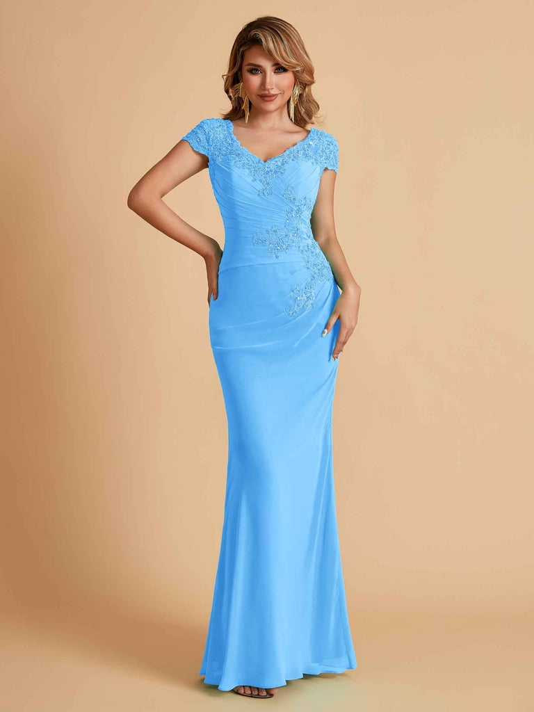 Elegant Mermaid Chiffon Cap Sleeves V-Neck Lace Mother of the Brides Dresses Online UK