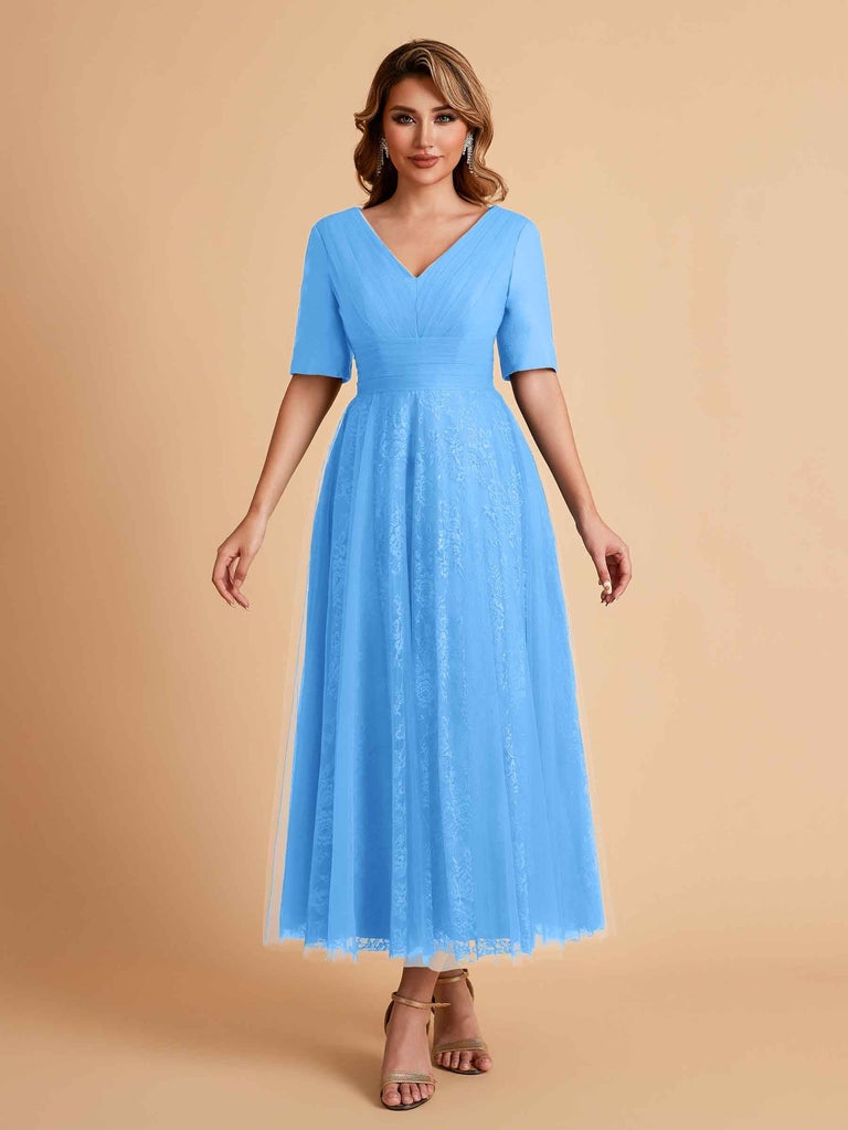Elegant A-line Short Sleeves Tulle Lace V-neck Maxi Mother of the Brides Dresses Online UK