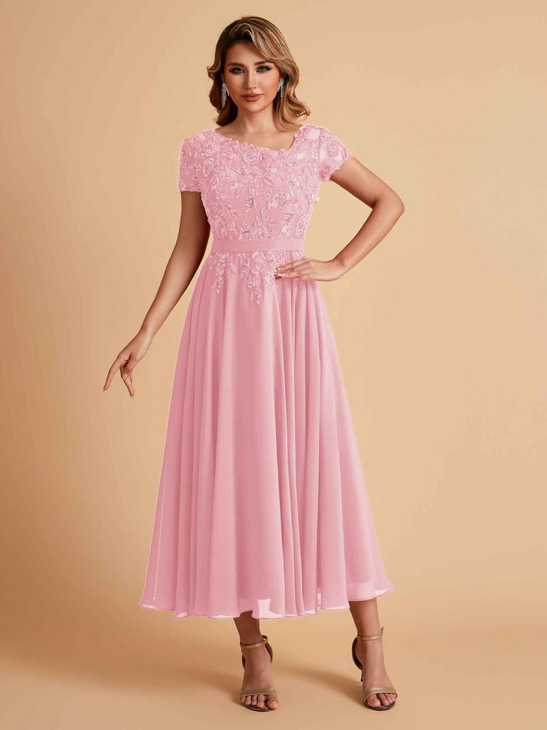 Elegant Chiffon Short Sleeves Short Midi Mother of the Brides Dresses UK Online