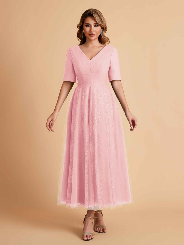 Elegant A-line Short Sleeves Tulle Lace V-neck Maxi Mother of the Brides Dresses Online UK