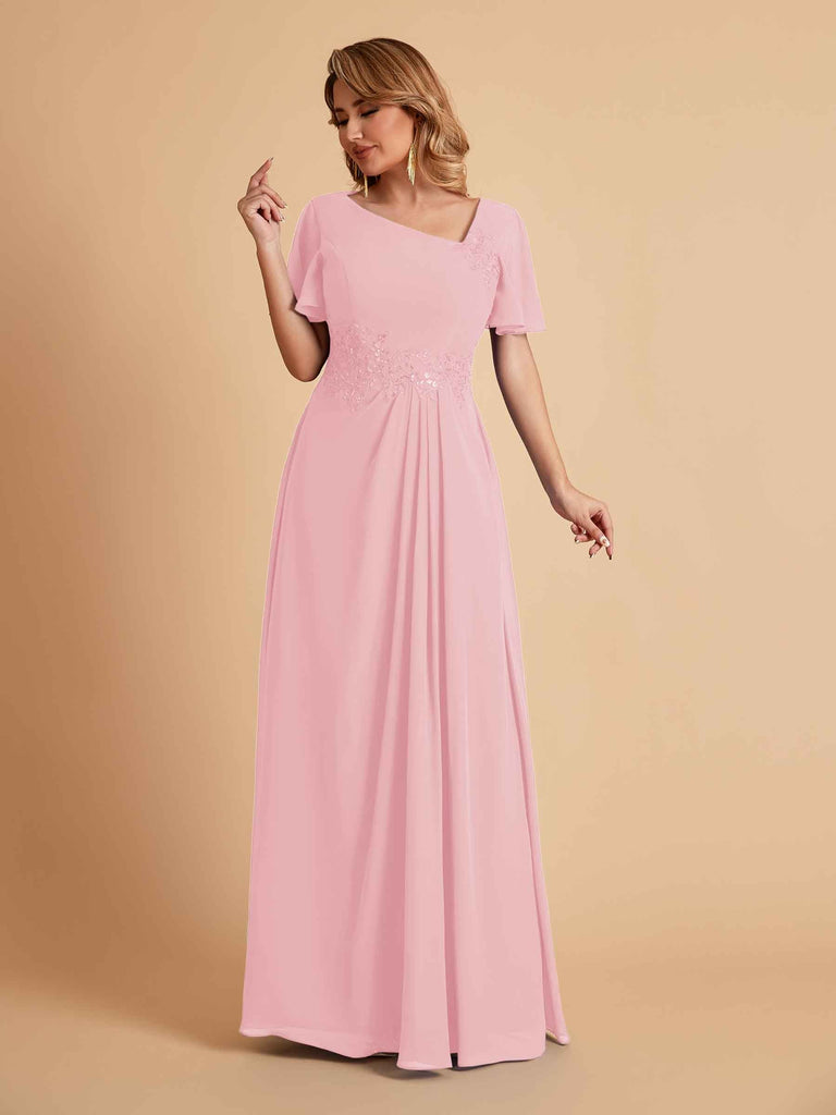 Elegant A-Line Chiffon Short Sleeves V-Neck Mother of the Brides Dresses Online