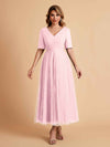 Elegant A-line Short Sleeves Tulle Lace V-neck Maxi Mother of the Brides Dresses Online UK