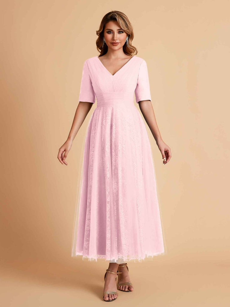 Elegant A-line Short Sleeves Tulle Lace V-neck Maxi Mother of the Brides Dresses Online UK