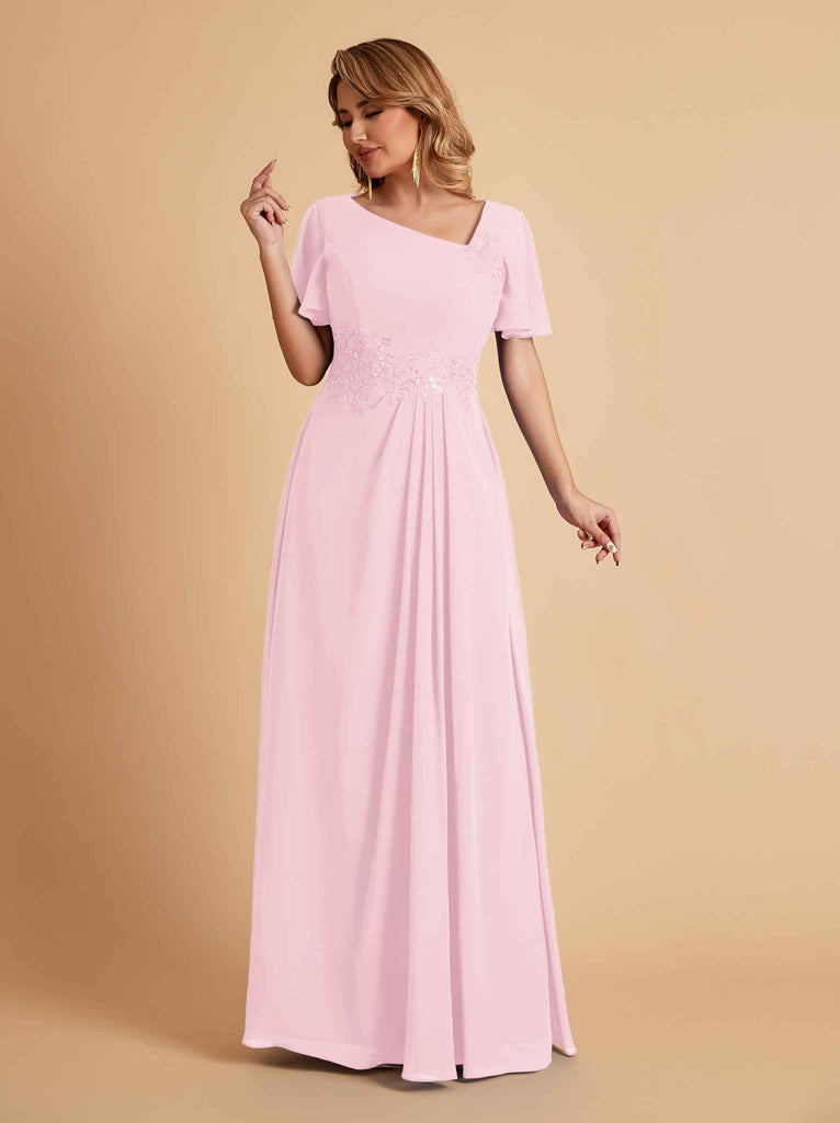 Elegant A-Line Chiffon Short Sleeves V-Neck Mother of the Brides Dresses Online
