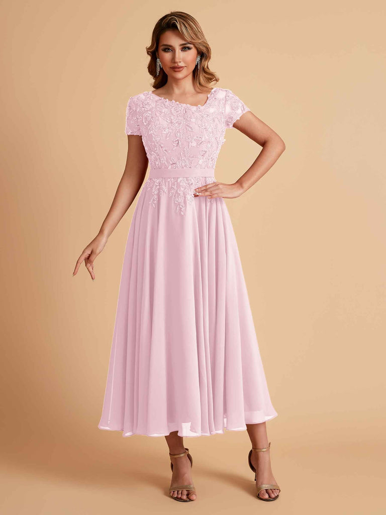 Elegant Chiffon Short Sleeves Short Midi Mother of the Brides Dresses UK Online
