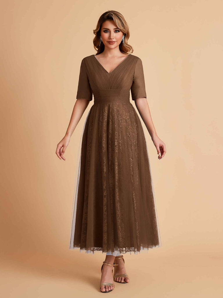 Elegant A-line Short Sleeves Tulle Lace V-neck Maxi Mother of the Brides Dresses Online UK