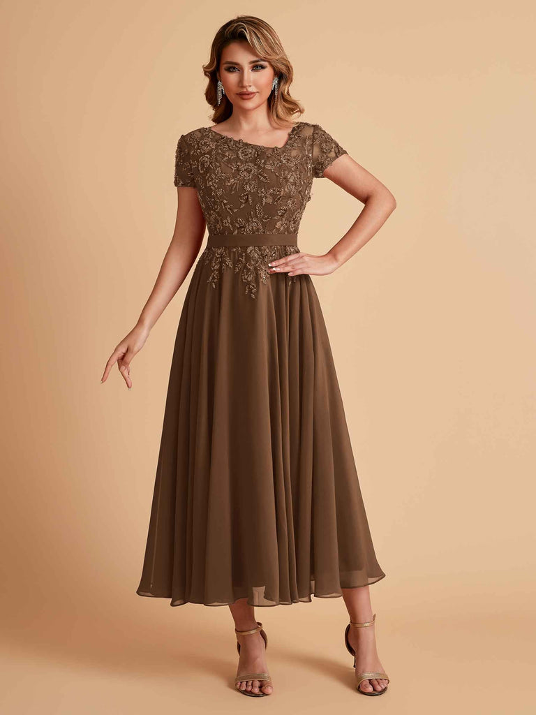Elegant Chiffon Short Sleeves Short Midi Mother of the Brides Dresses UK Online