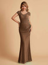 Elegant Mermaid Chiffon Cap Sleeves V-Neck Lace Mother of the Brides Dresses Online UK