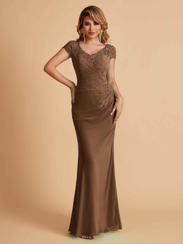 Elegant Mermaid Chiffon Cap Sleeves V-Neck Lace Mother of the Brides Dresses Online UK