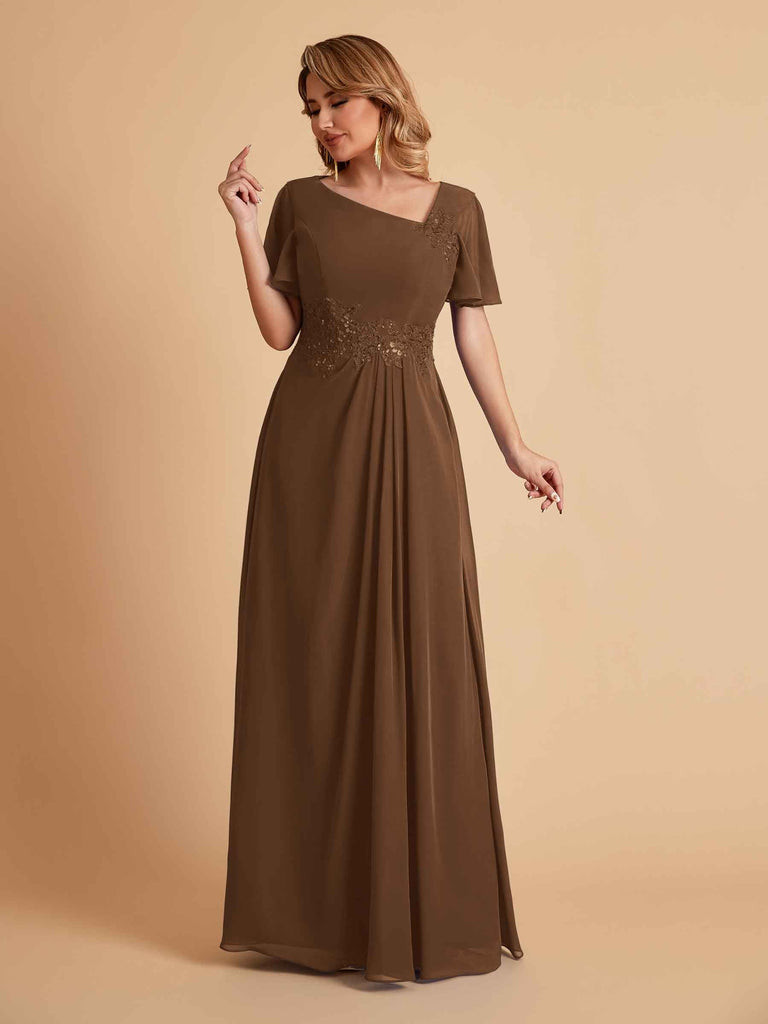Elegant A-Line Chiffon Short Sleeves V-Neck Mother of the Brides Dresses Online
