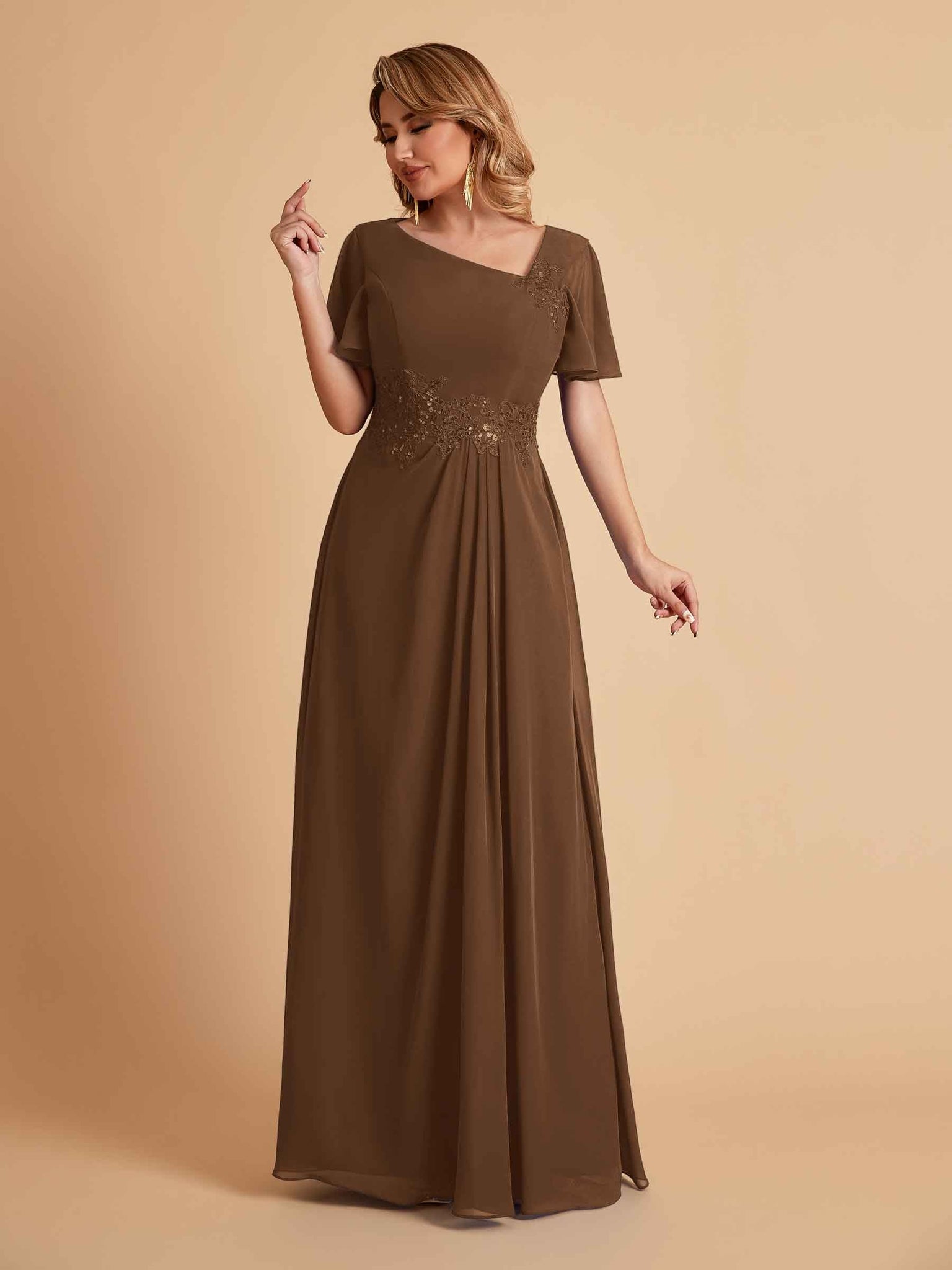 Elegant A-Line Chiffon Short Sleeves V-Neck Mother of the Brides Dresses Online