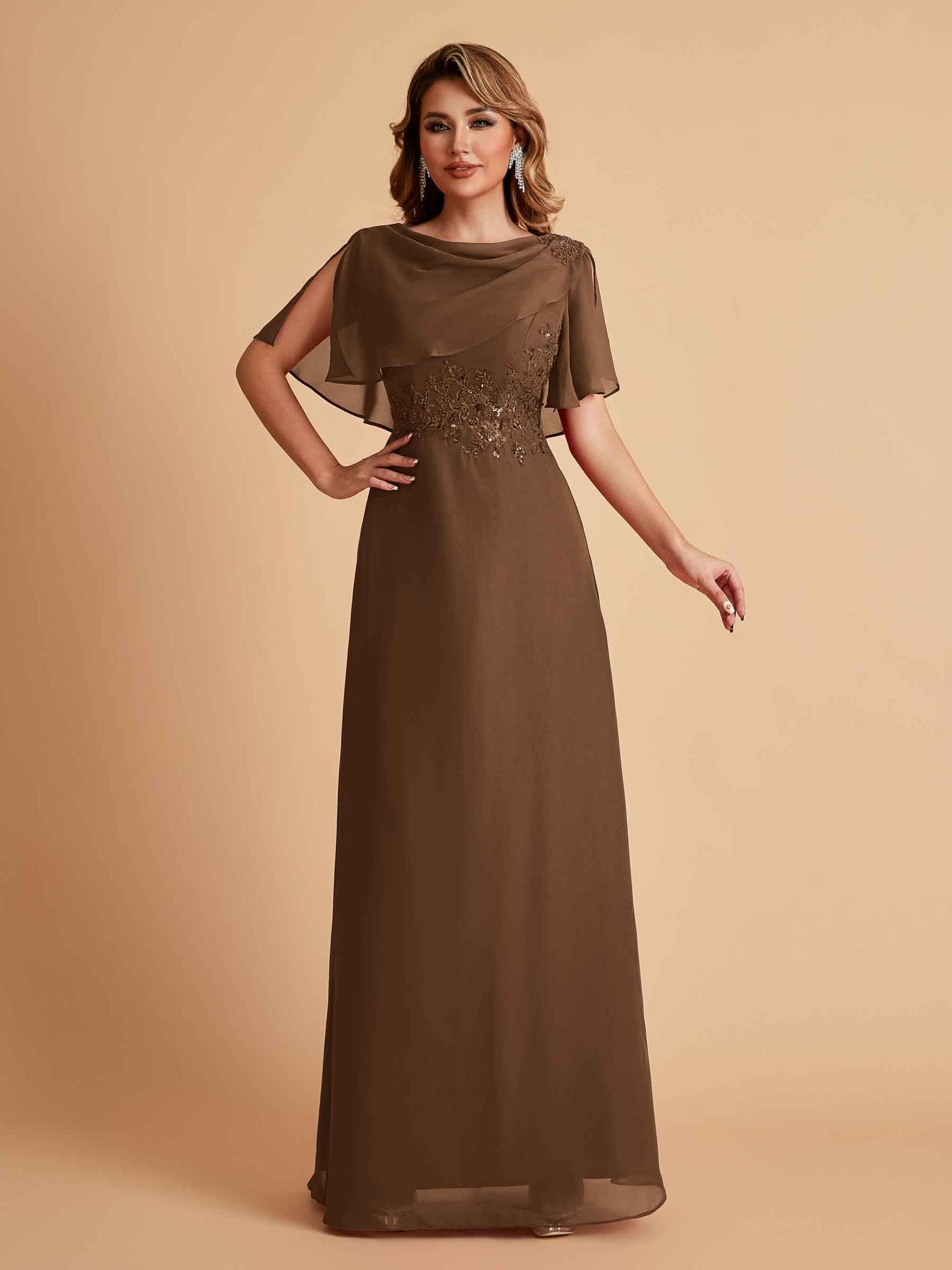 Elegant A-Line Chiffon Half Sleeves Cowl Neck Mother of the Brides Dresses Online UK