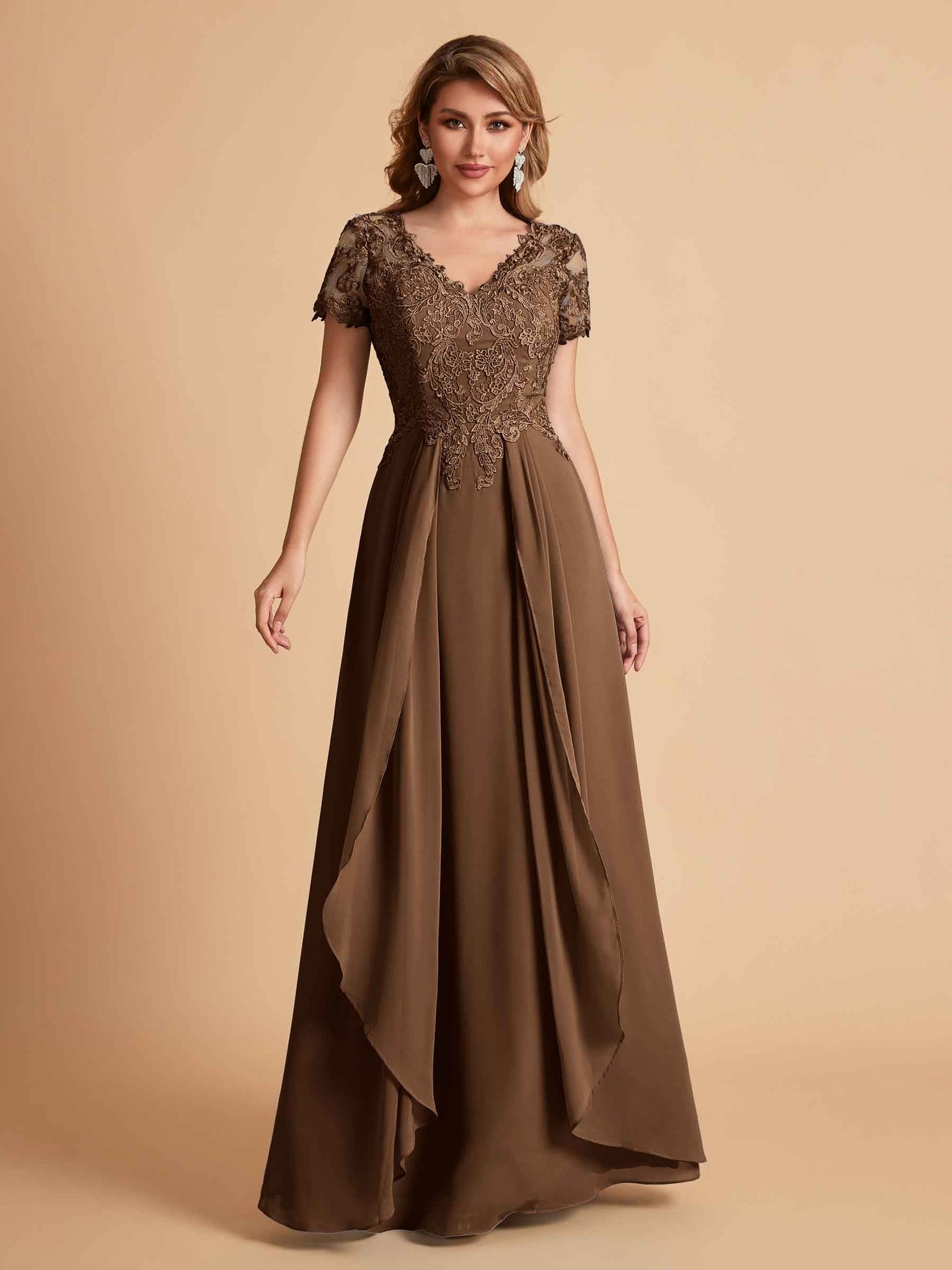 Chiffon Short Sleeves V-neck Lace Mother of the Brides Dresses UK
