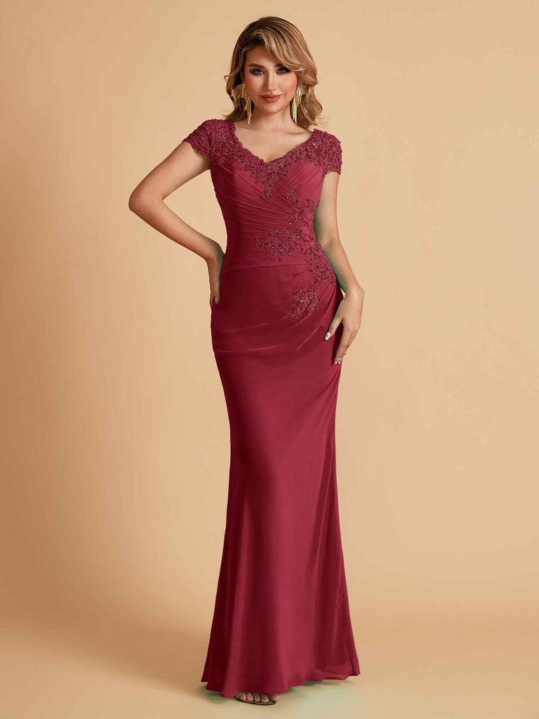 Elegant Mermaid Chiffon Cap Sleeves V-Neck Lace Mother of the Brides Dresses Online UK