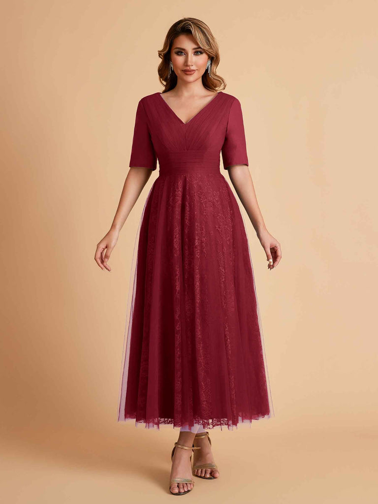 Elegant A-line Short Sleeves Tulle Lace V-neck Maxi Mother of the Brides Dresses Online UK