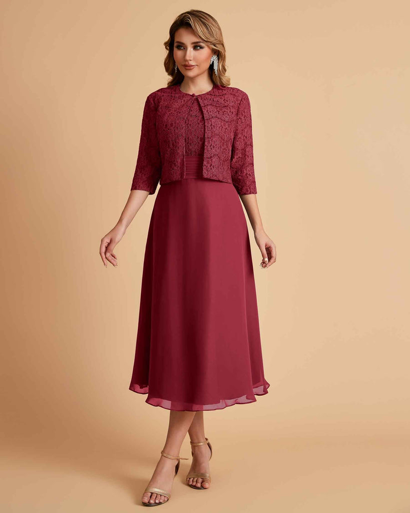 Elegant A-line Bateau Sleeveless Tea Length Short Mother of the Brides Dresses and Jacket