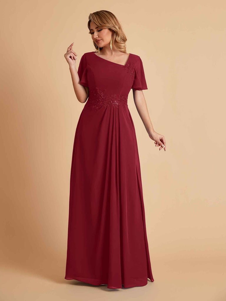 Elegant A-Line Chiffon Short Sleeves V-Neck Mother of the Brides Dresses Online