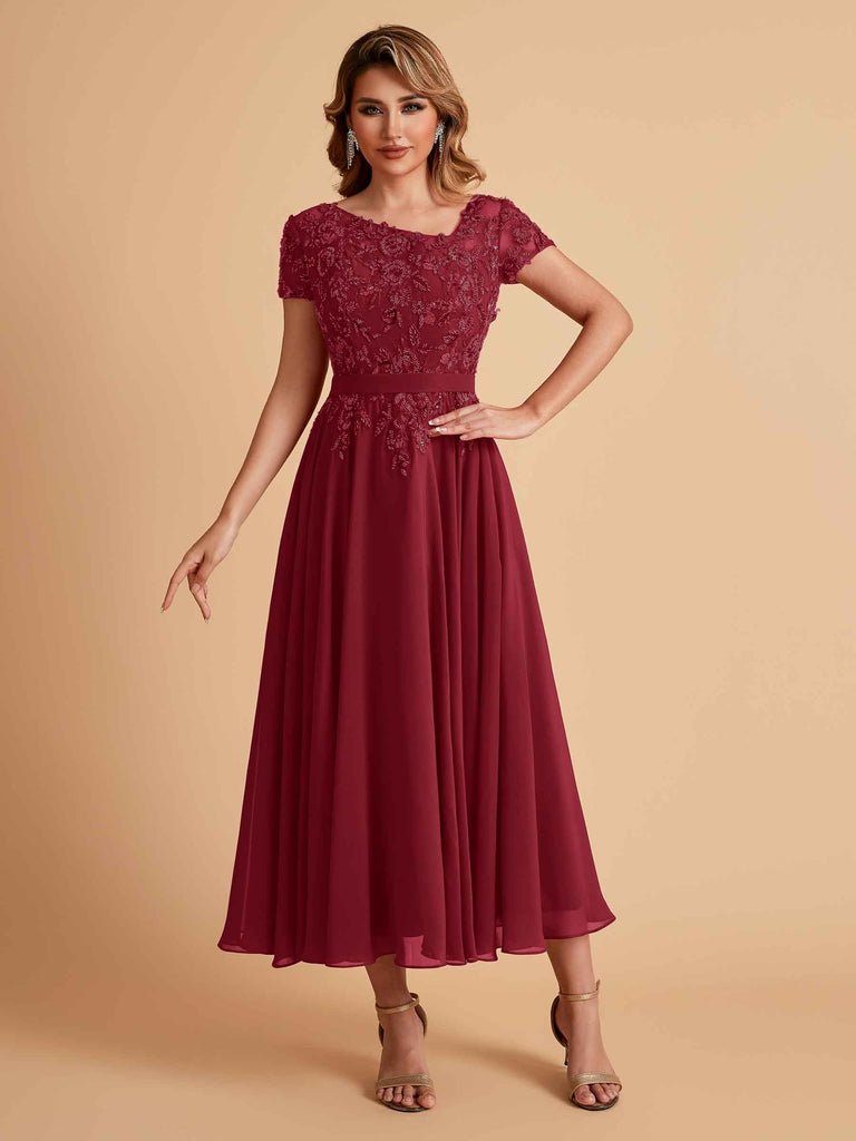 Elegant Chiffon Short Sleeves Short Midi Mother of the Brides Dresses UK Online