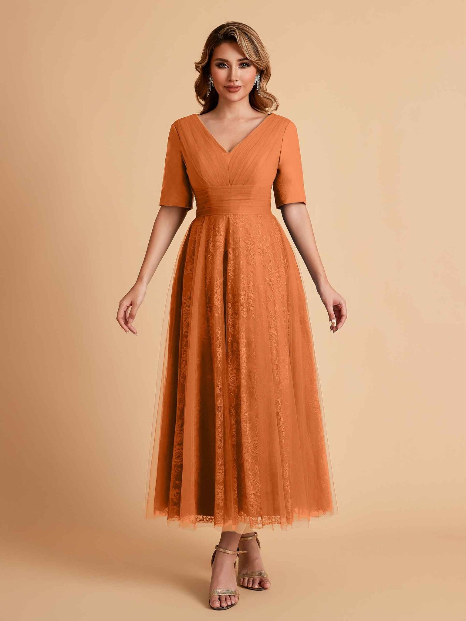 Elegant A-line Short Sleeves Tulle Lace V-neck Maxi Mother of the Brides Dresses Online UK