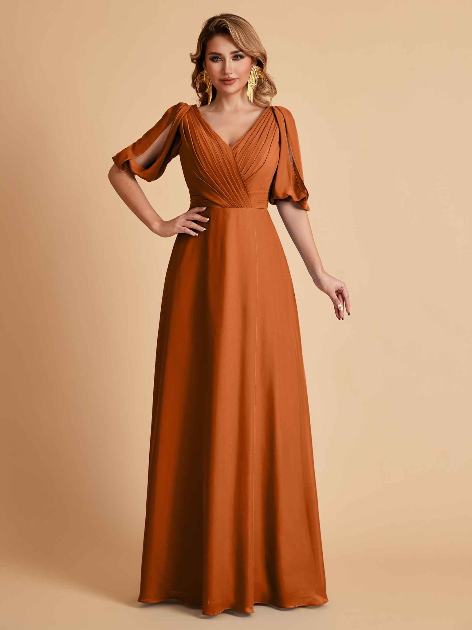 Elegant Chiffon Half Sleeves V-Neck Mother of the Brides Dresses UK Online