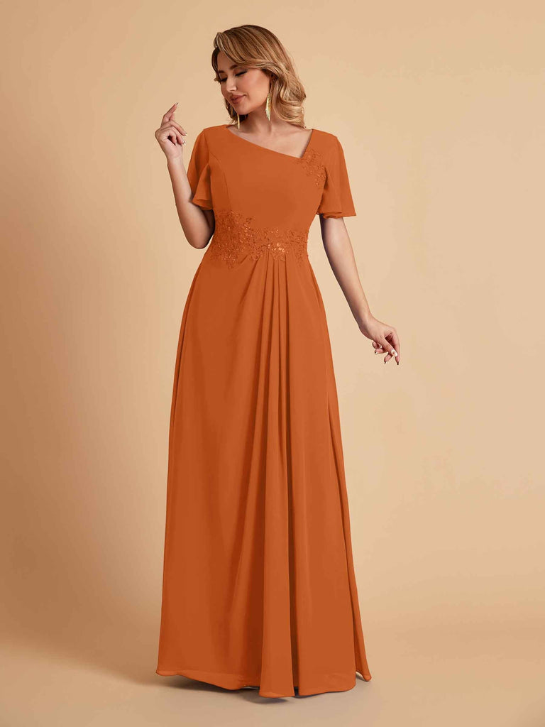 Elegant A-Line Chiffon Short Sleeves V-Neck Mother of the Brides Dresses Online