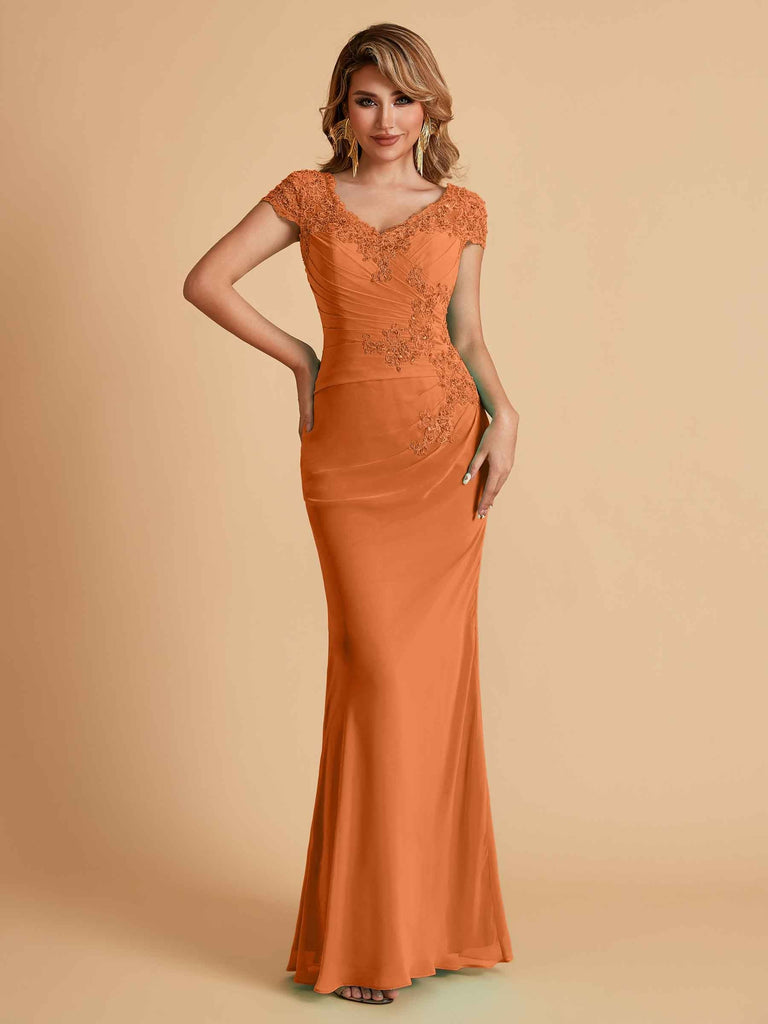 Elegant Mermaid Chiffon Cap Sleeves V-Neck Lace Mother of the Brides Dresses Online UK