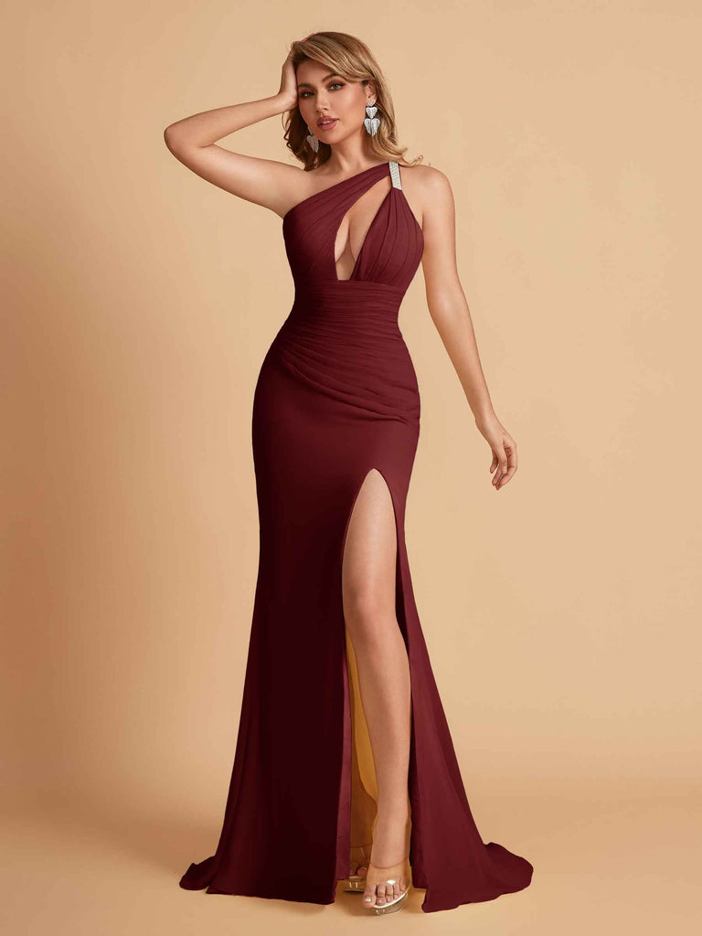 Sexy Mermaid One Shoulder Key Hole Long Bridesmaid Dresses Uk Slit