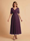 Elegant A-line Short Sleeves Tulle Lace V-neck Maxi Mother of the Brides Dresses Online UK