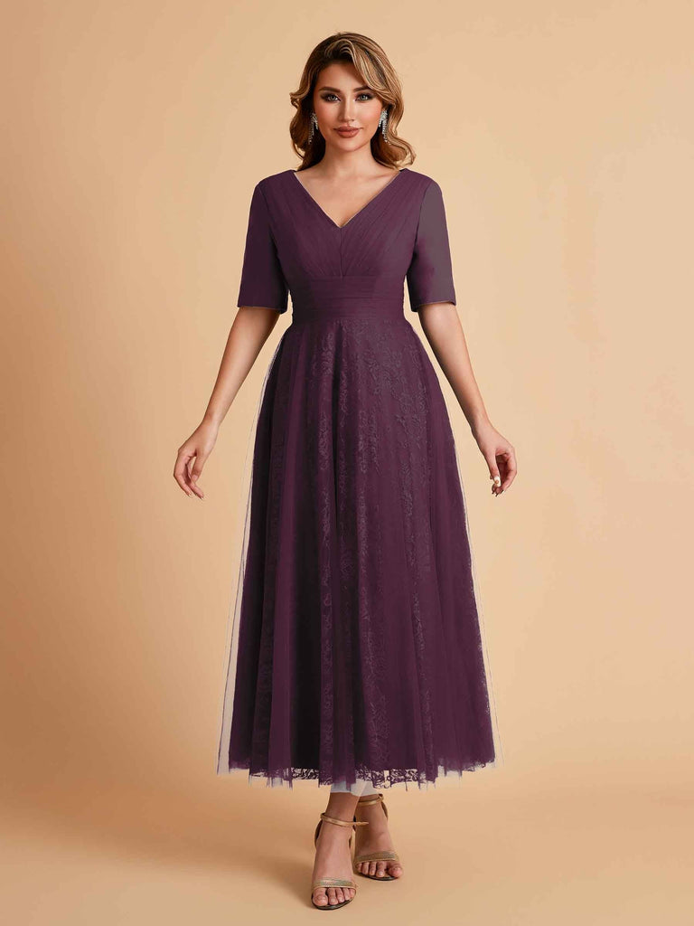 Elegant A-line Short Sleeves Tulle Lace V-neck Maxi Mother of the Brides Dresses Online UK