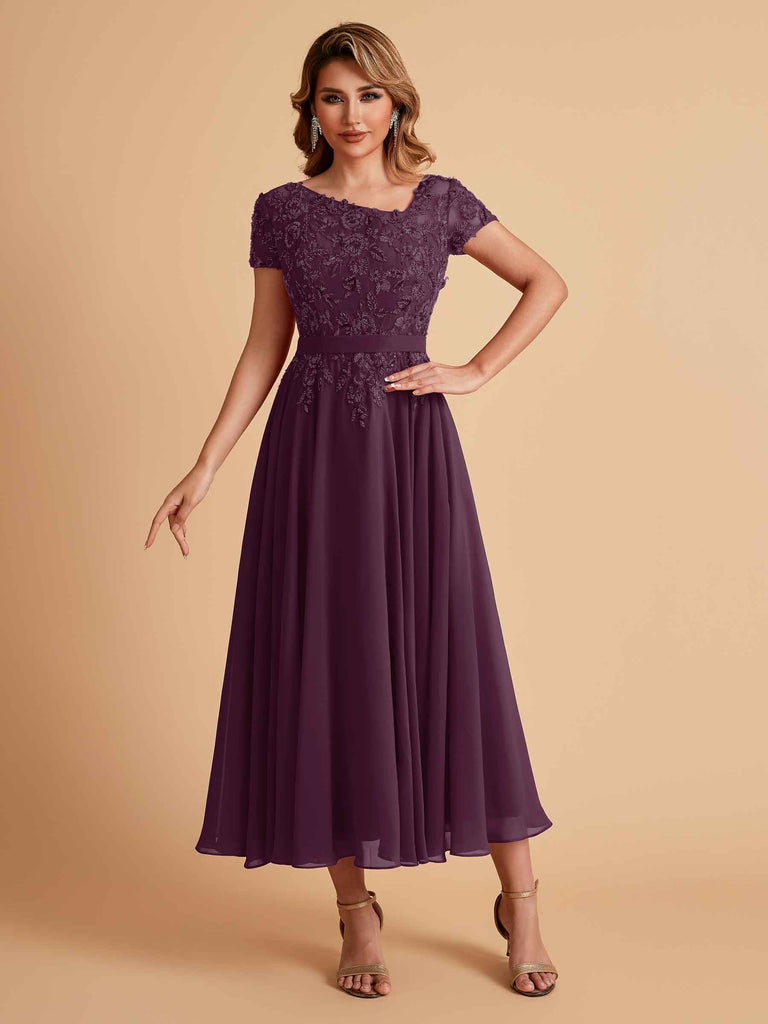 Elegant Chiffon Short Sleeves Short Midi Mother of the Brides Dresses UK Online
