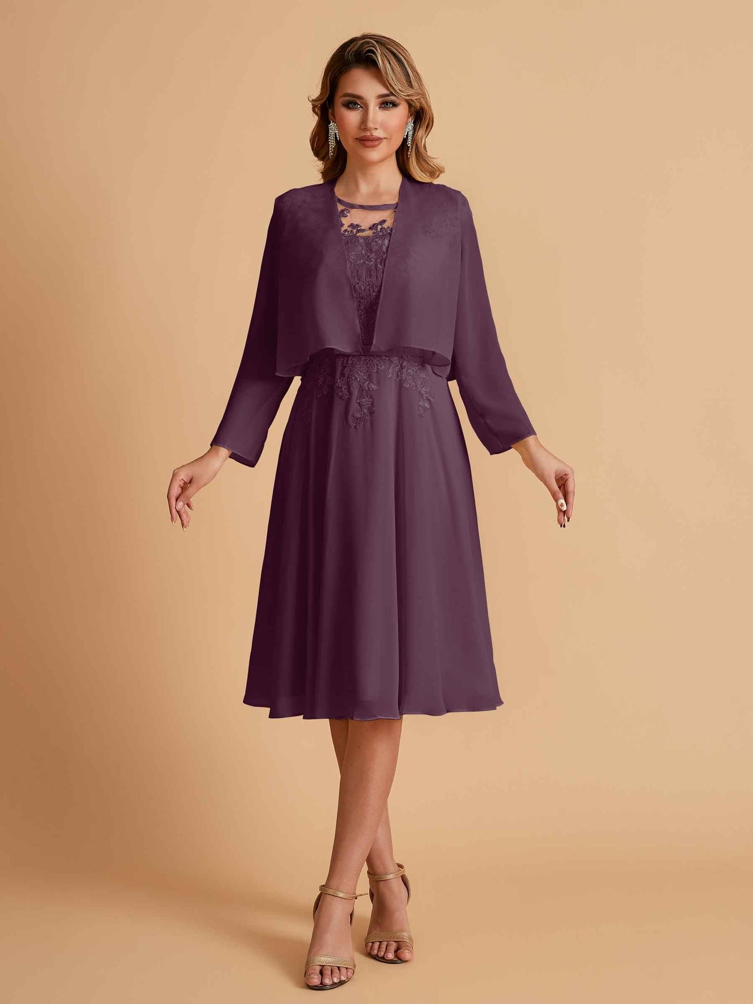 Elegant A-line Chiffon Jewel Lace Short Mother of the Brides Dresses Uk and Jacket
