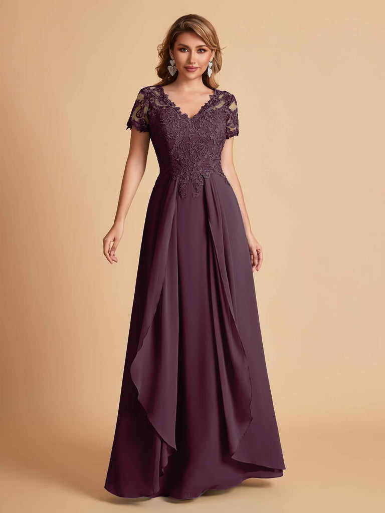 Chiffon Short Sleeves V-neck Lace Mother of the Brides Dresses UK