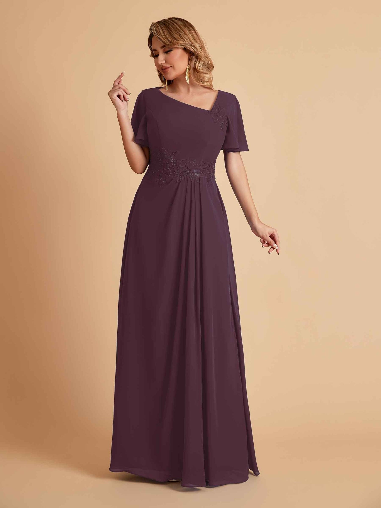 Elegant A-Line Chiffon Short Sleeves V-Neck Mother of the Brides Dresses Online