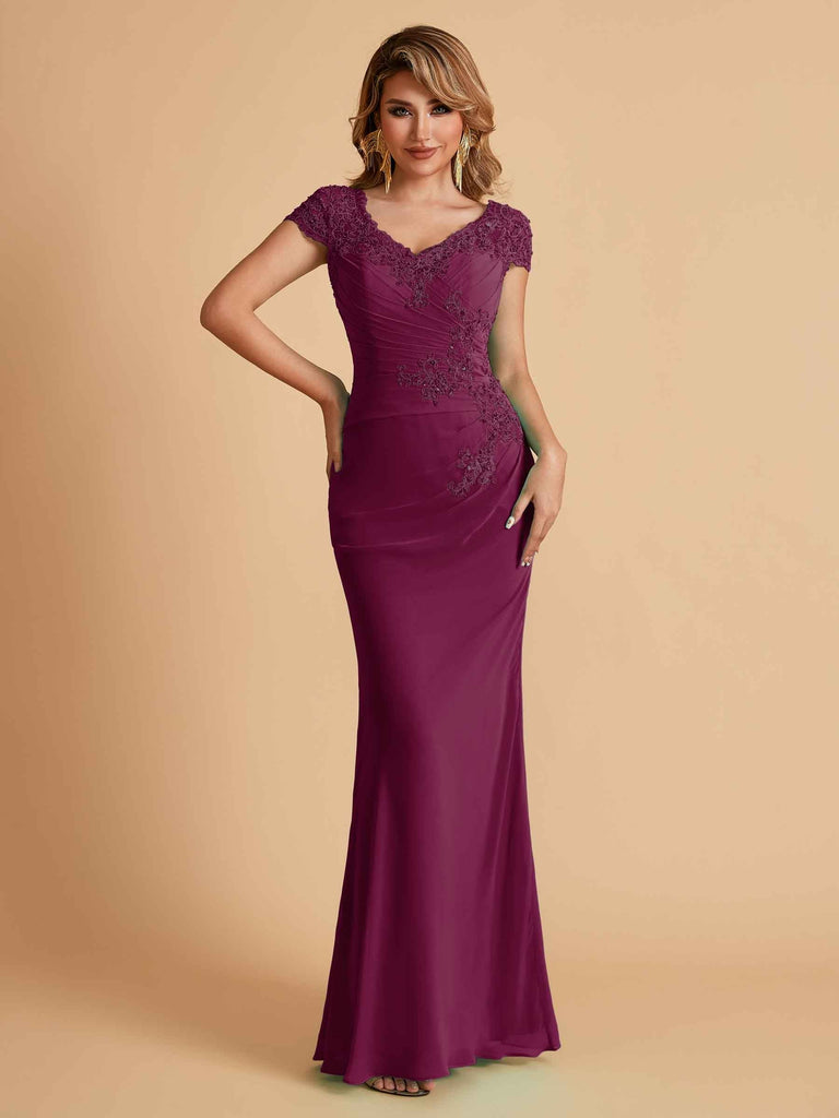 Elegant Mermaid Chiffon Cap Sleeves V-Neck Lace Mother of the Brides Dresses Online UK
