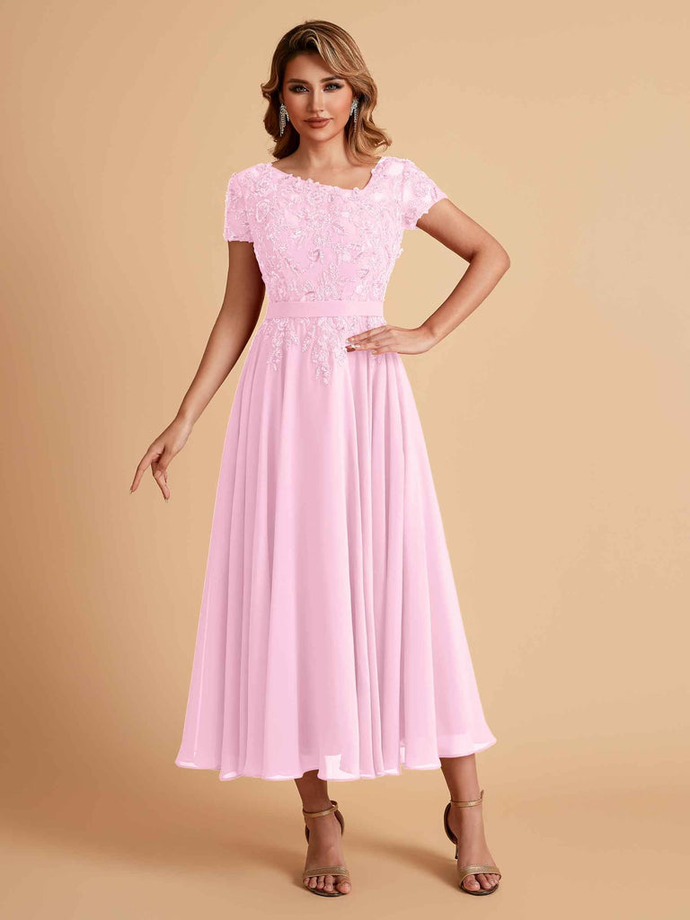 Elegant Chiffon Short Sleeves Short Midi Mother of the Brides Dresses UK Online