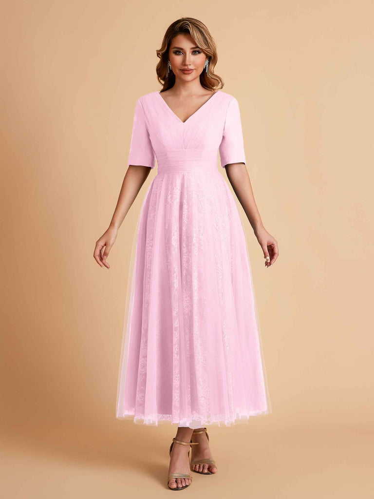 Elegant A-line Short Sleeves Tulle Lace V-neck Maxi Mother of the Brides Dresses Online UK